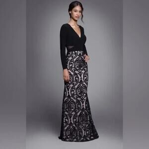 XSCAPE Embroidered Damask Double V Gown Formal Dress Long Sleeve Fit and Flare
